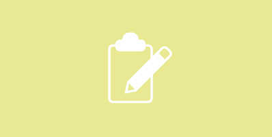 Pale yellow rectangle with a white icon picture of a clipboard with a pencil